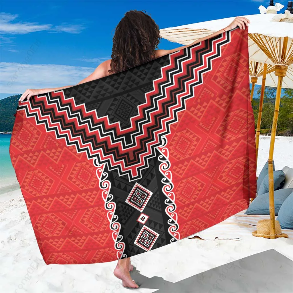 Red Niho Taniwha Poutama Print Sarong Polynesian Maori Beach Wrap Pareo Wholesale