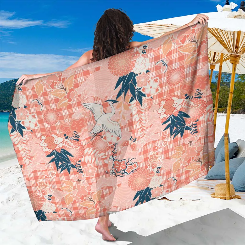 Red Palaka Crane & Flowers Print Sarong Japan Heritage Spirit Beach Wrap Wholesale Pareo - related