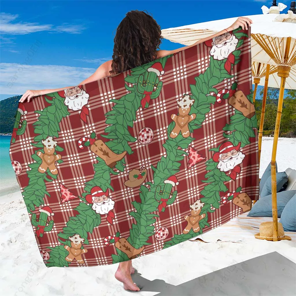 Red Christmas Hawaii Cowboy Paniolo Sarong with Maile Lei Print Tropical Beach Wrap Wholesale Pareo - main view