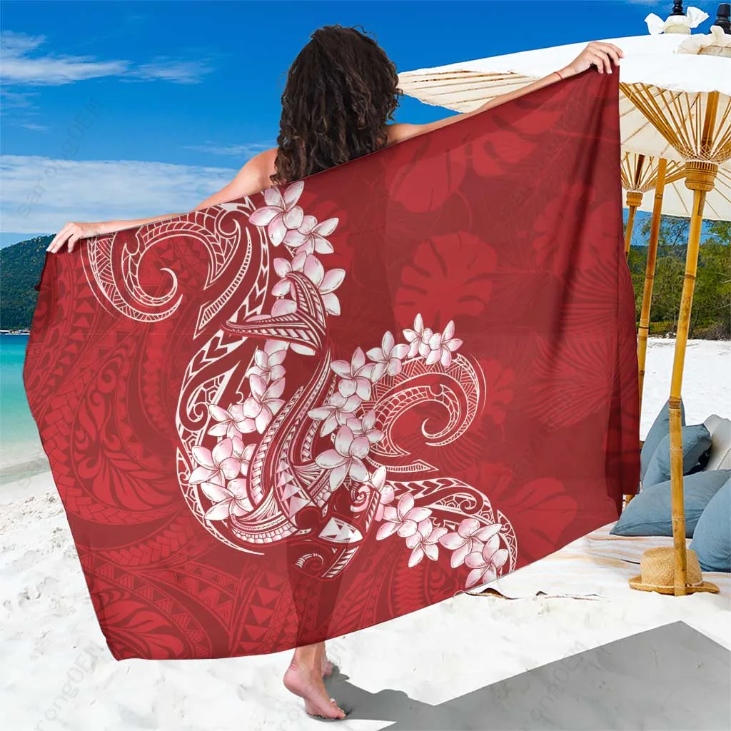Red Plumeria Lei Polynesian Tattoo Print Sarong Beach Wrap Summer Island Resort Cover Up Wholesale Pareo - main view