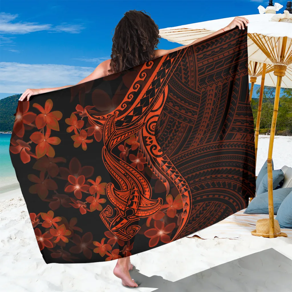 Red Polynesian Plumeria Shark Tattoo Print Sarong Beach Wrap Summer Island Resort Pareo Wholesale - main view