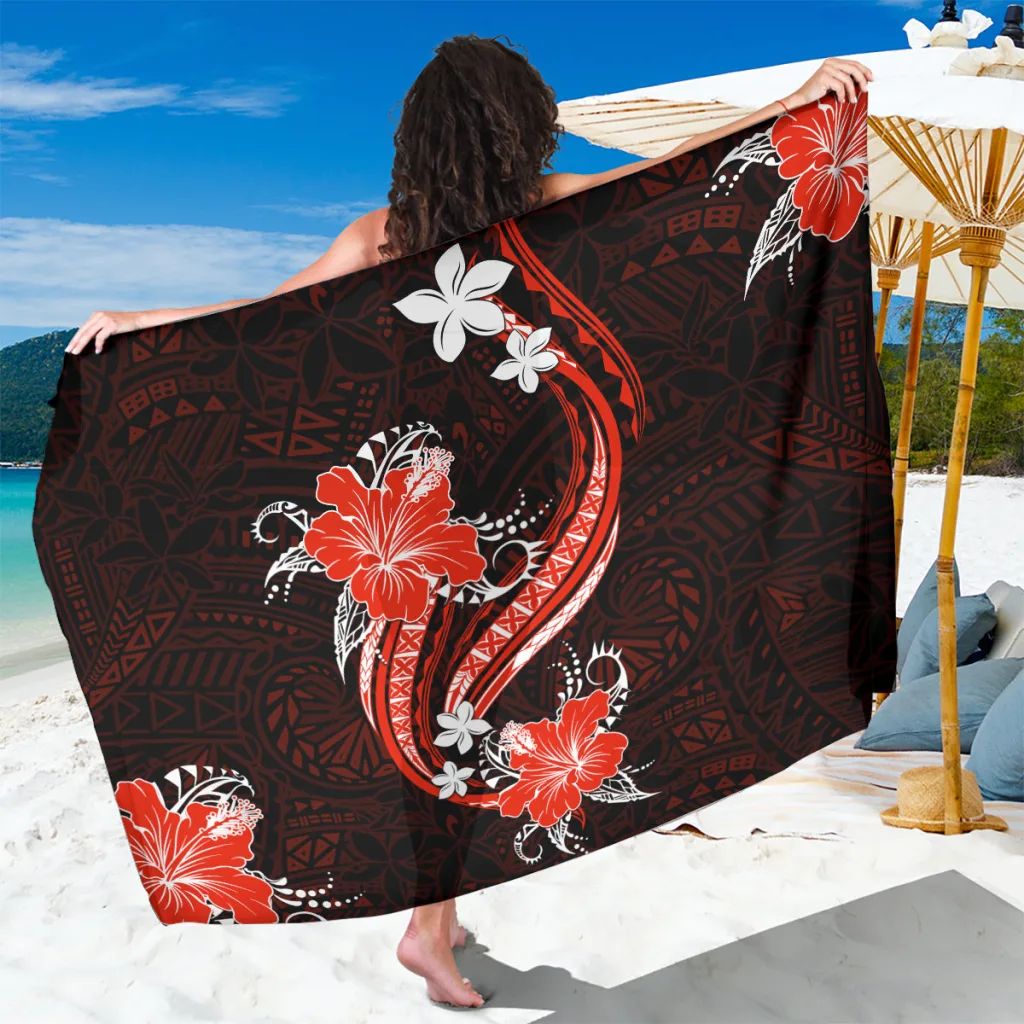 Red Tropical Flowers Polynesian Print Sarong Beach Wrap for Resort Hotel Wholesale Pareo - main view