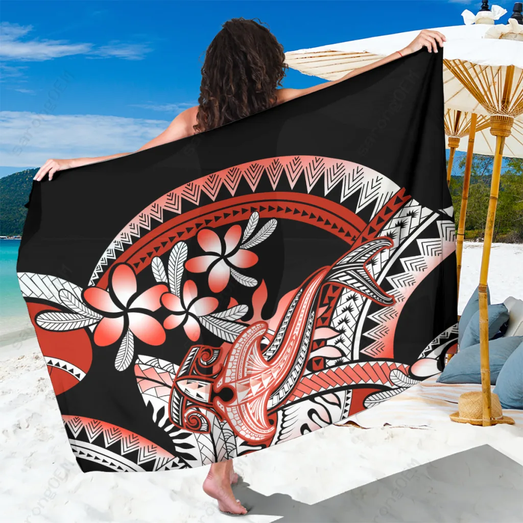 Red Gradient Polynesian Plumeria Tribal Print Sarong Beach Wrap for Resort Hotel Wholesale Pareo - main view