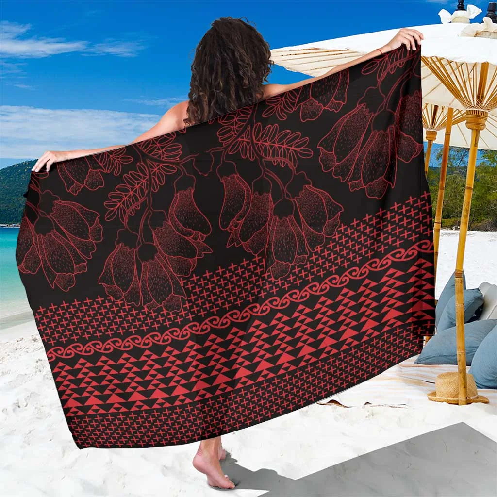 Red Taniko Kowhaiwhai Tukutuku Motif Print Sarong Polynesian Cultural Beach Wrap Wholesale Pareo - main view
