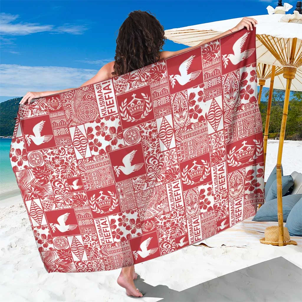 Red Tonga Kilisimasi Fiefia Patchwork Sarong Pacific Island Christmas Beach Wrap Wholesale Pareo - main view