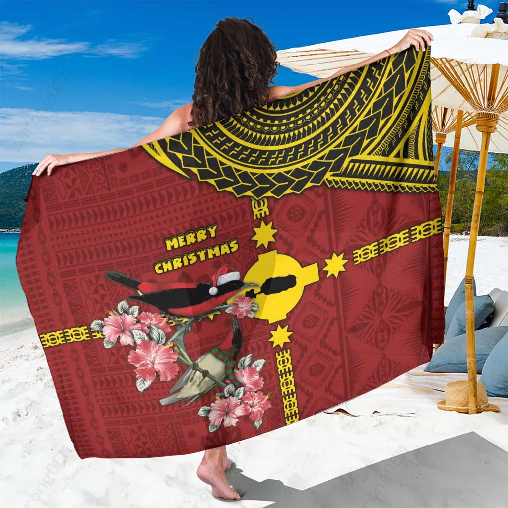 Red Hibiscus Christmas Myzomela Bird Print Sarong Polynesian Tropical Beach Wrap Wholesale Pareo - main view