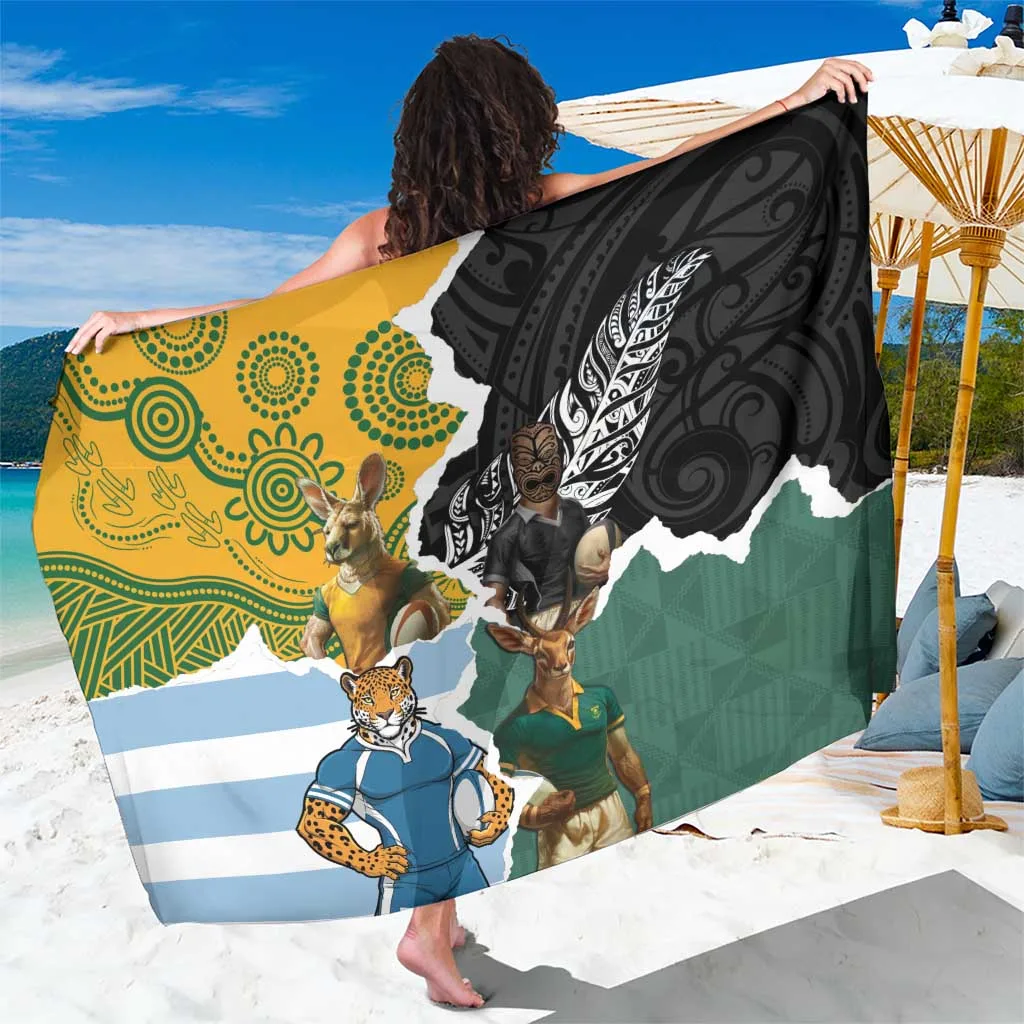 Deep Blue 2025 Rugby Championship Southern Hemisphere Mascots Print Sarong South Pacific Island Resort Beach Wrap Wholesale Pareo - main view
