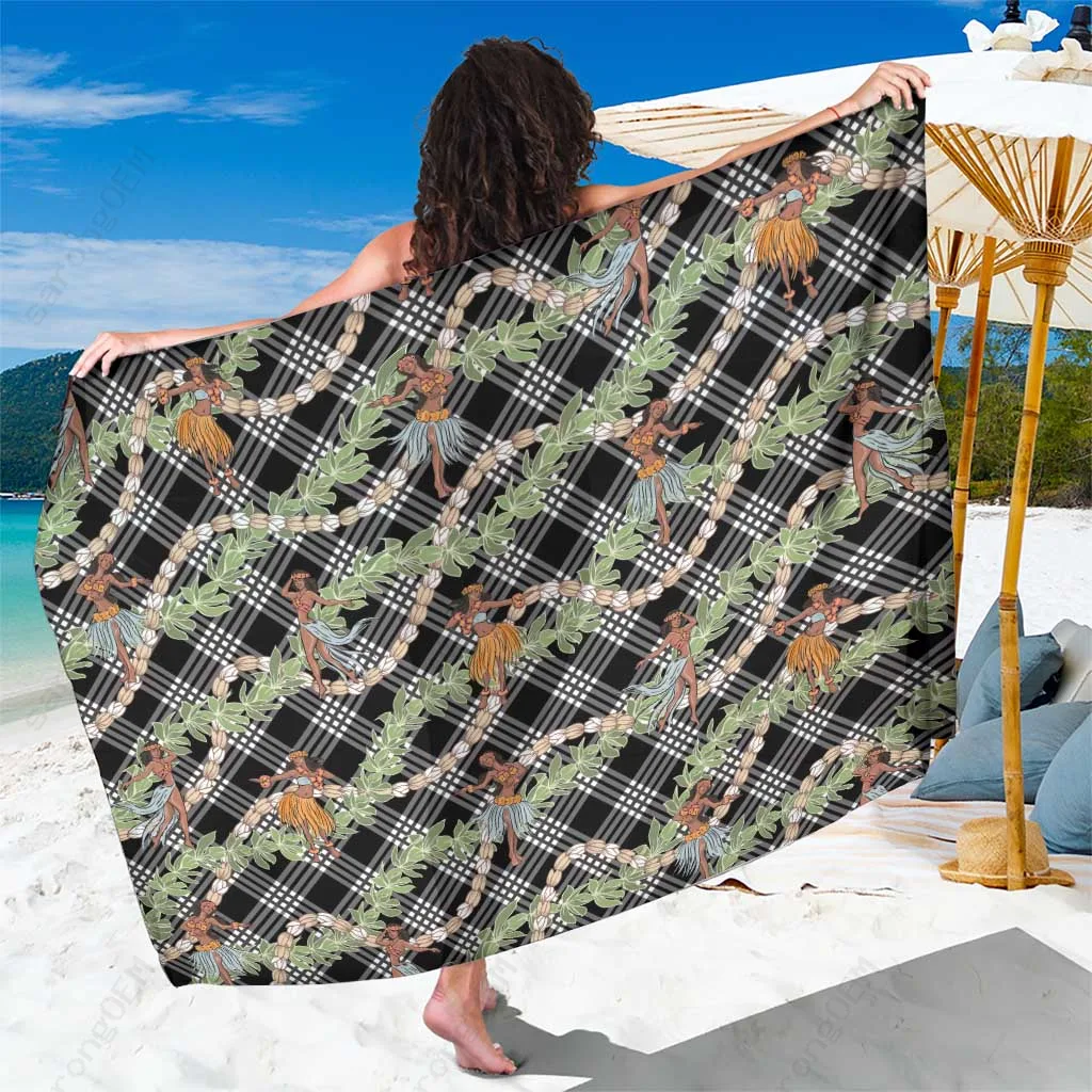 Beige Hula Girls Palaka Hibiscus Print Sarong Hawaii Aloha Beach Wrap Wholesale Pareo - main view
