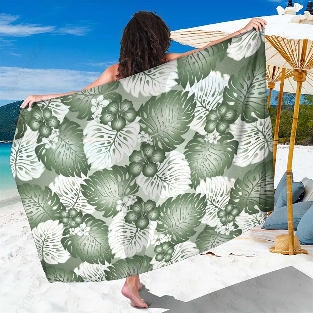 Sage Green Hibiscus Plumeria Monstera Print Sarong Hawaii Tropical Beach Wrap Pareo Wholesale - main view