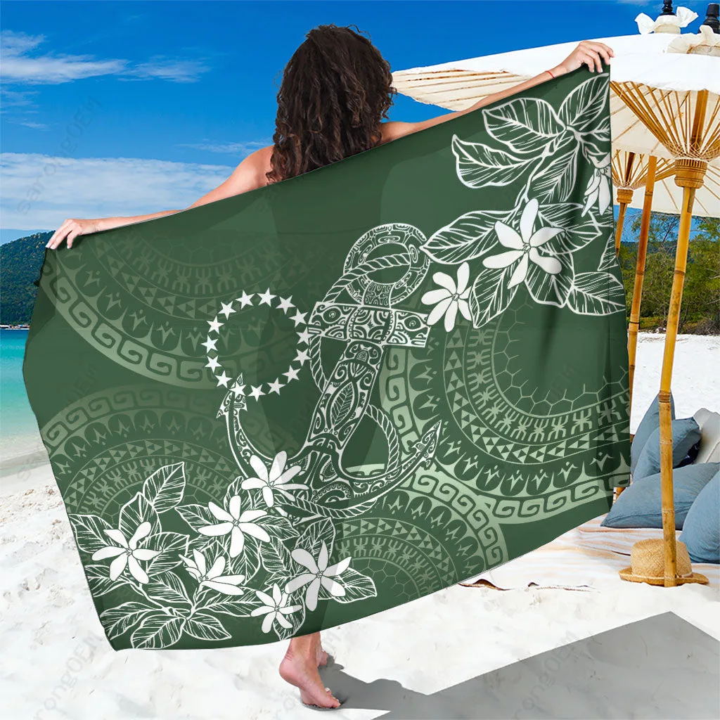 Sage Green Tribal Anchor Mix Tiare Print Sarong South Pacific Beach Wrap Pareo Wholesale - main view