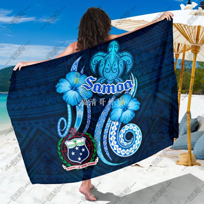 Samoa Blue Tribal Turtle & Hibiscus Print Sarong Pareo Cover Up  Custom Printed Rayon Sarong - Custom Sarong