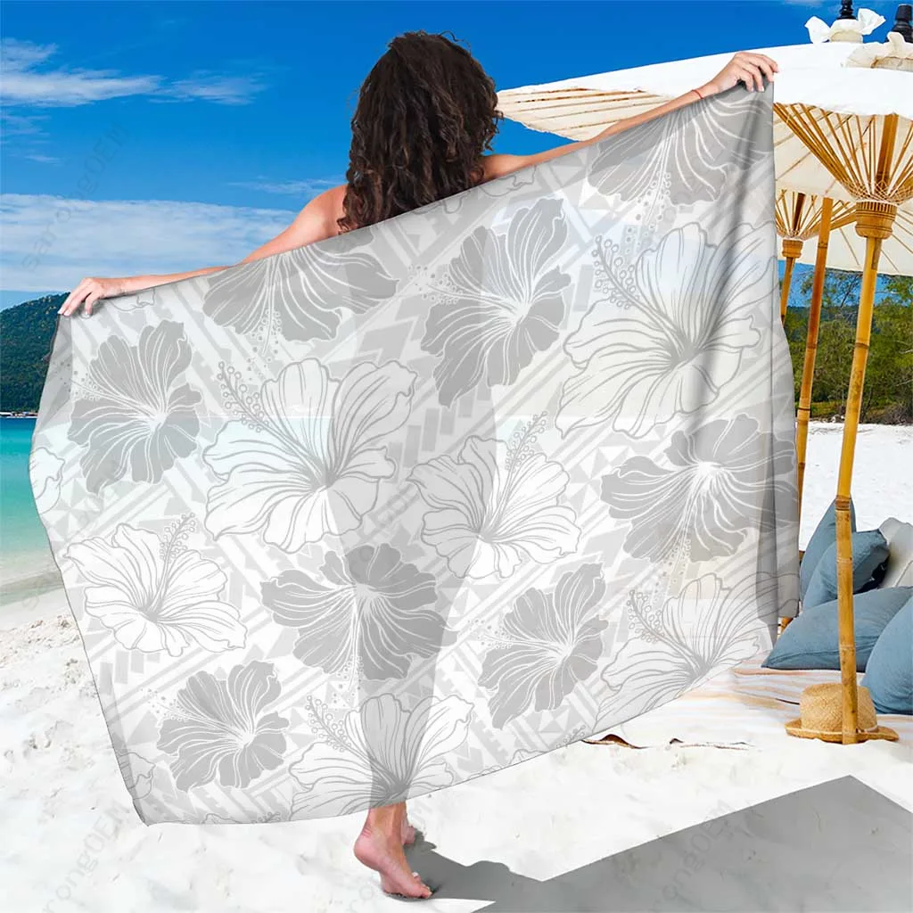 White Hibiscus Sun Print Sarong Samoa Style Beach Wrap Cover Up for Resort Hotel Wholesale Pareo - main view