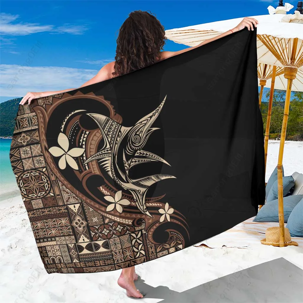 Black Samoa Tribal Marlin Mandala Print Sarong Polynesian Beach Wrap Wholesale Pareo - main view