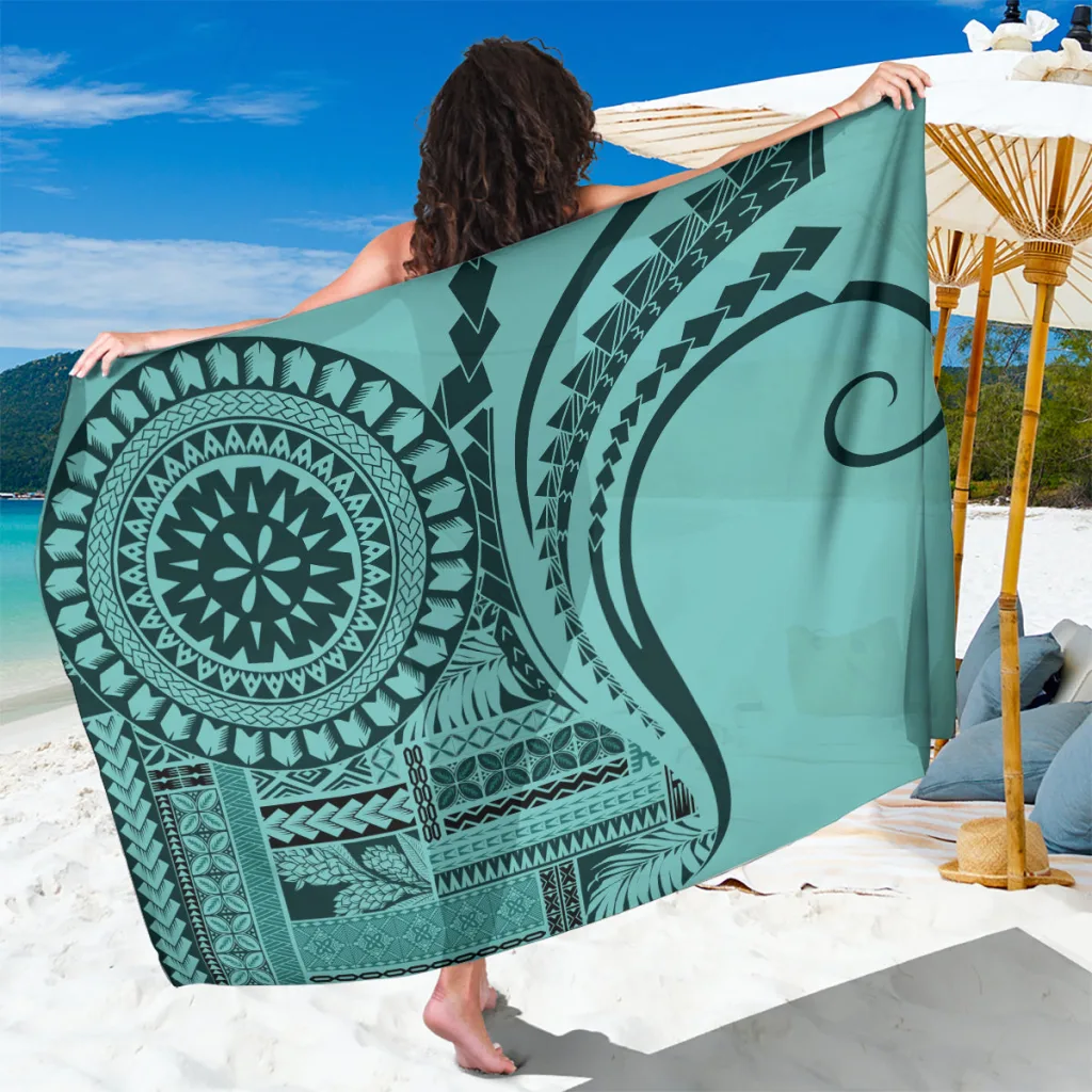 Turquoise Samoa Siapo Tribal Turtle Hibiscus Print Sarong Beach Wrap Polynesian Resort Cover Up Wholesale Pareo - main view