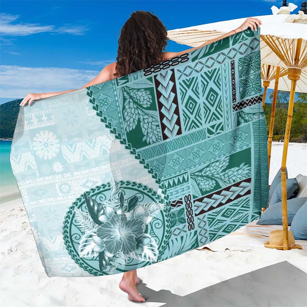 Samoa Siapo Elegant Sarong Hibiscus Teal Motifs - main view