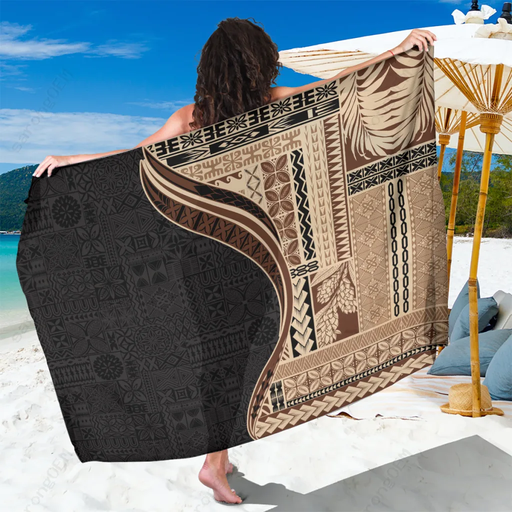 Beige Samoa Siapo Tapa Motif Print Sarong Polynesian Beach Wrap Cover Up Wholesale Pareo - main view
