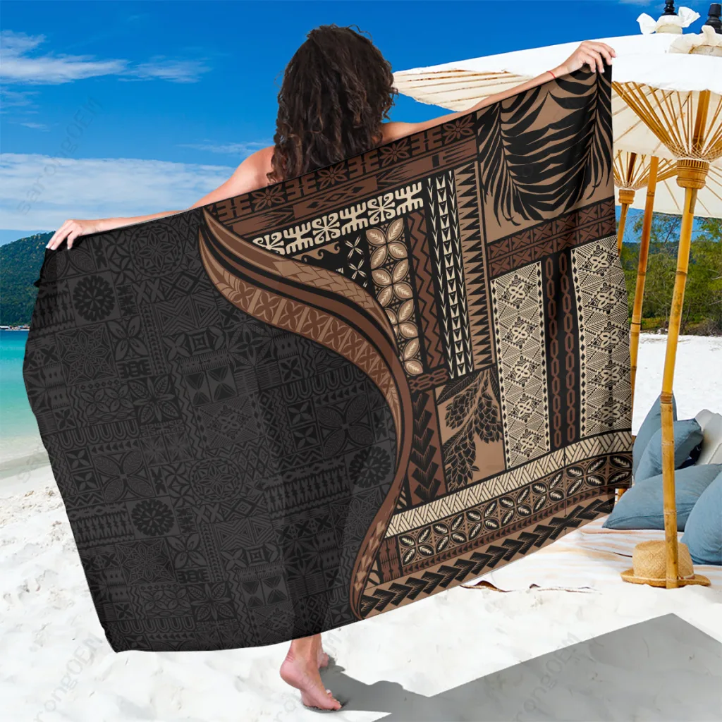Black Samoa Siapo Tapa Pattern Print Sarong Polynesian Beach Wrap Resort Cover Up Wholesale Pareo - main view