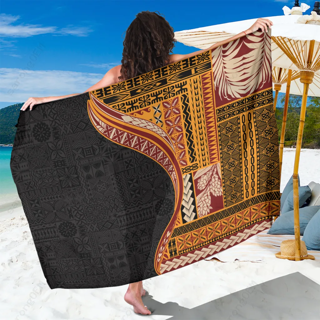 Yellow Samoa Siapo Tapa Pattern Print Sarong Polynesian Beach Wrap Cover Up Wholesale Pareo