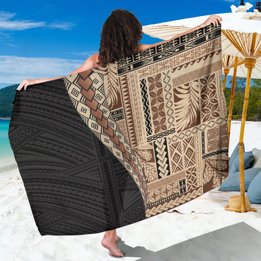 Brown Samoa Siapo Motif Print Sarong Polynesian Beach Wrap Resort Cover Up Wholesale Pareo