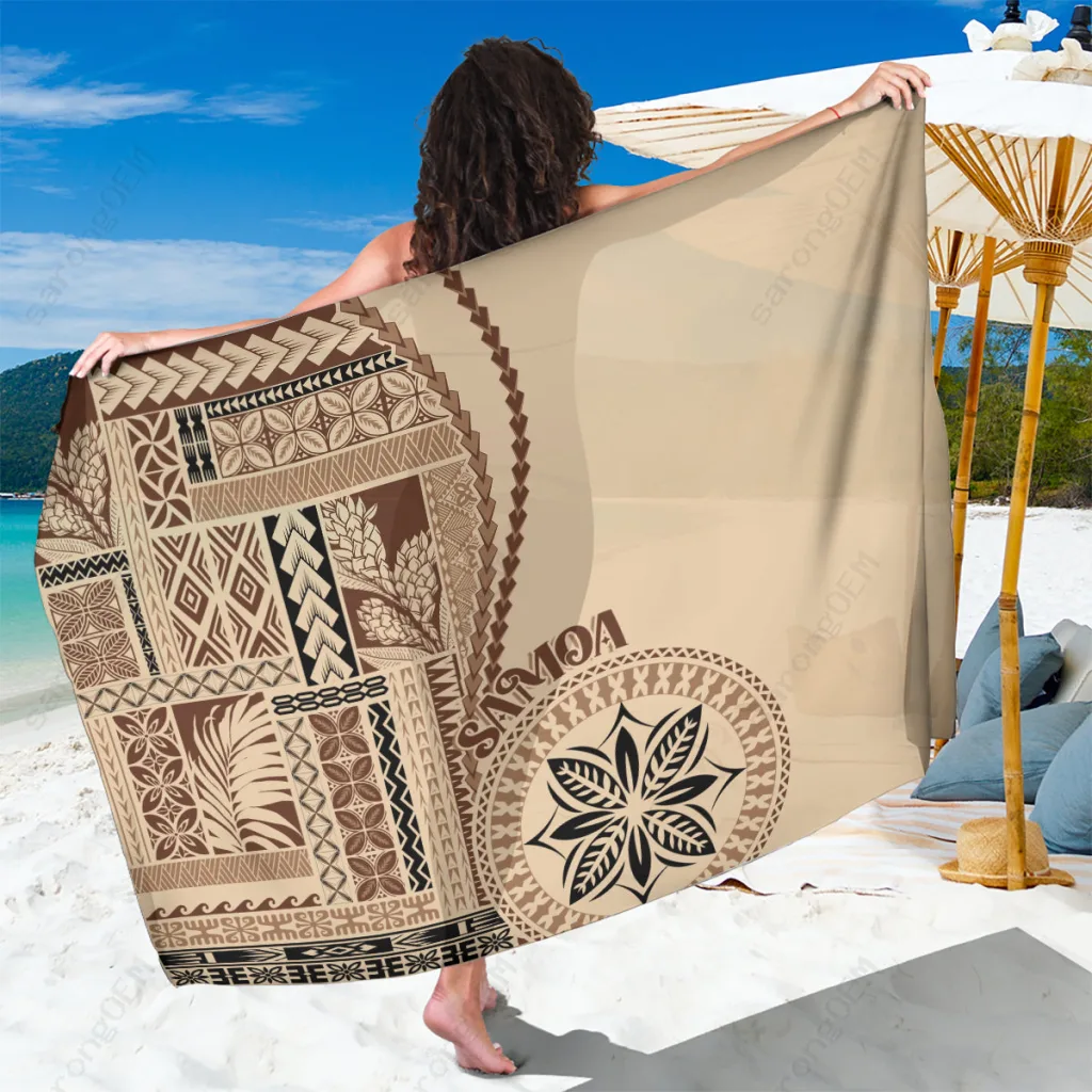 Cream White Samoa Siapo Motif Palm Frond Hibiscus Print Sarong Polynesian Style Beach Wrap Wholesale Pareo - main view