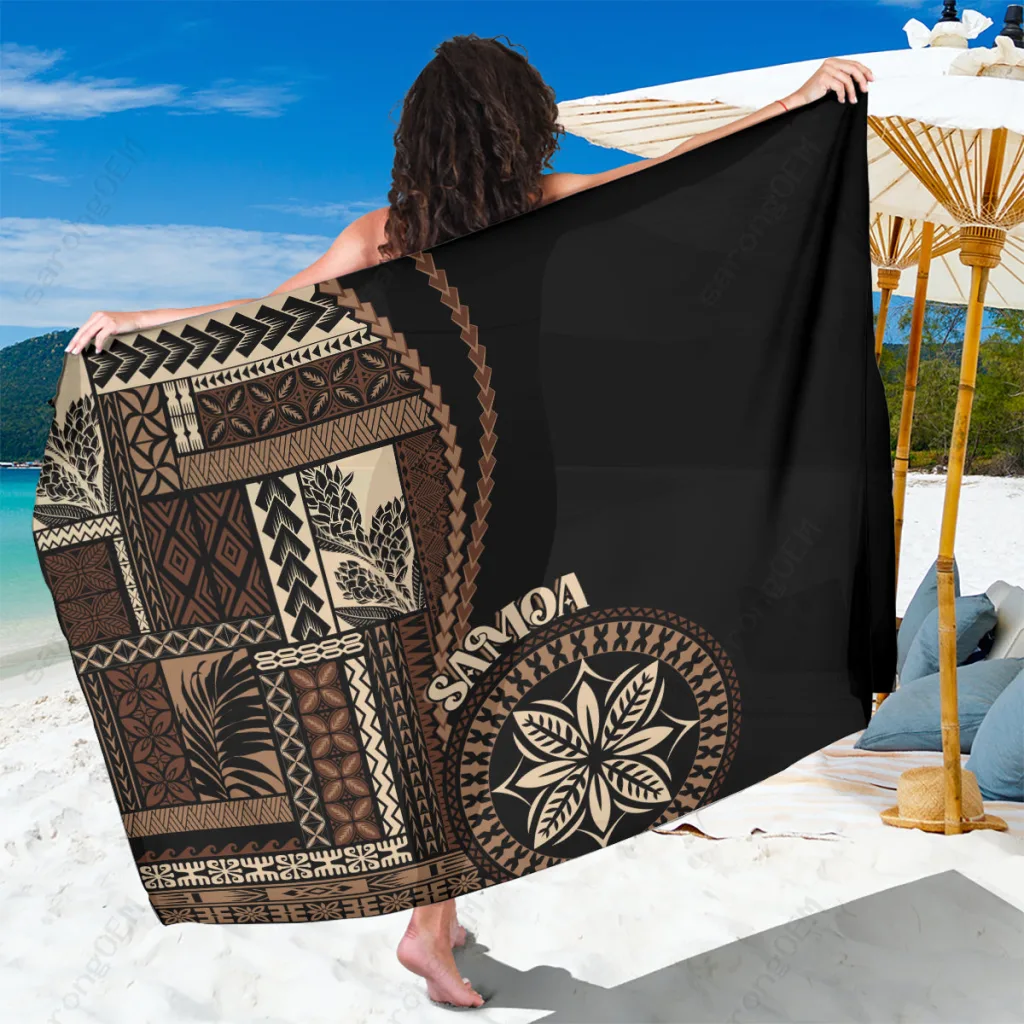 Black Samoa Siapo Motif Print Sarong Classic Polynesian Beach Wrap Pareo Wholesale