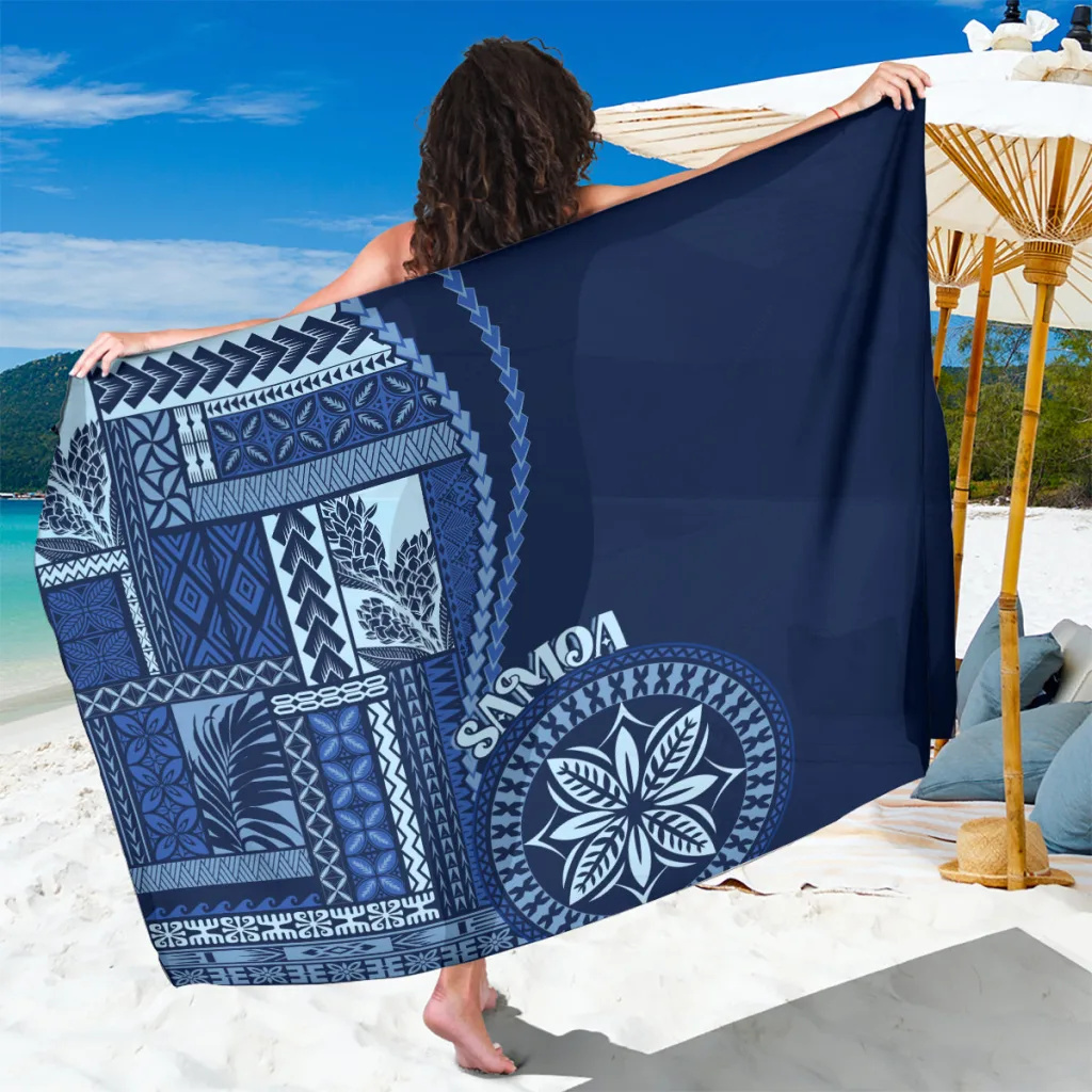 Blue Samoa Siapo Motif Palm Hibiscus Print Sarong Polynesian Style Beach Wrap Cover Up Wholesale Pareo - main view