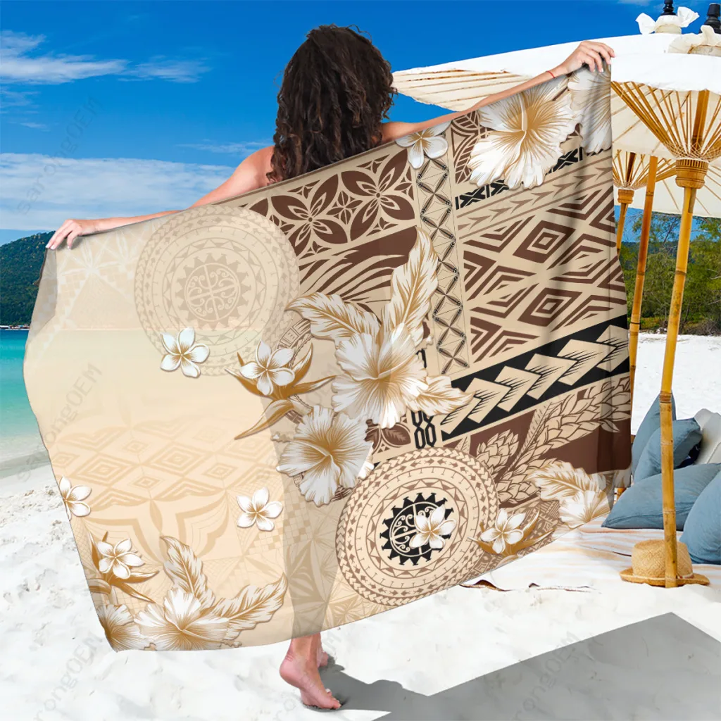 Beige Hibiscus Samoa Siapo Print Sarong South Pacific Resort Beach Cover Up Wholesale Pareo - main view