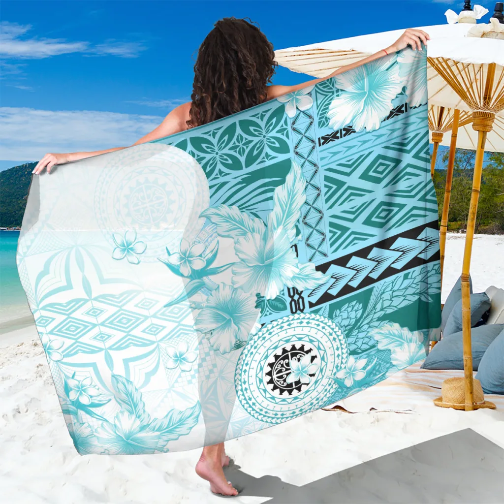 Samoa Siapo Pattern With Teal Hibiscus Sarong - main view