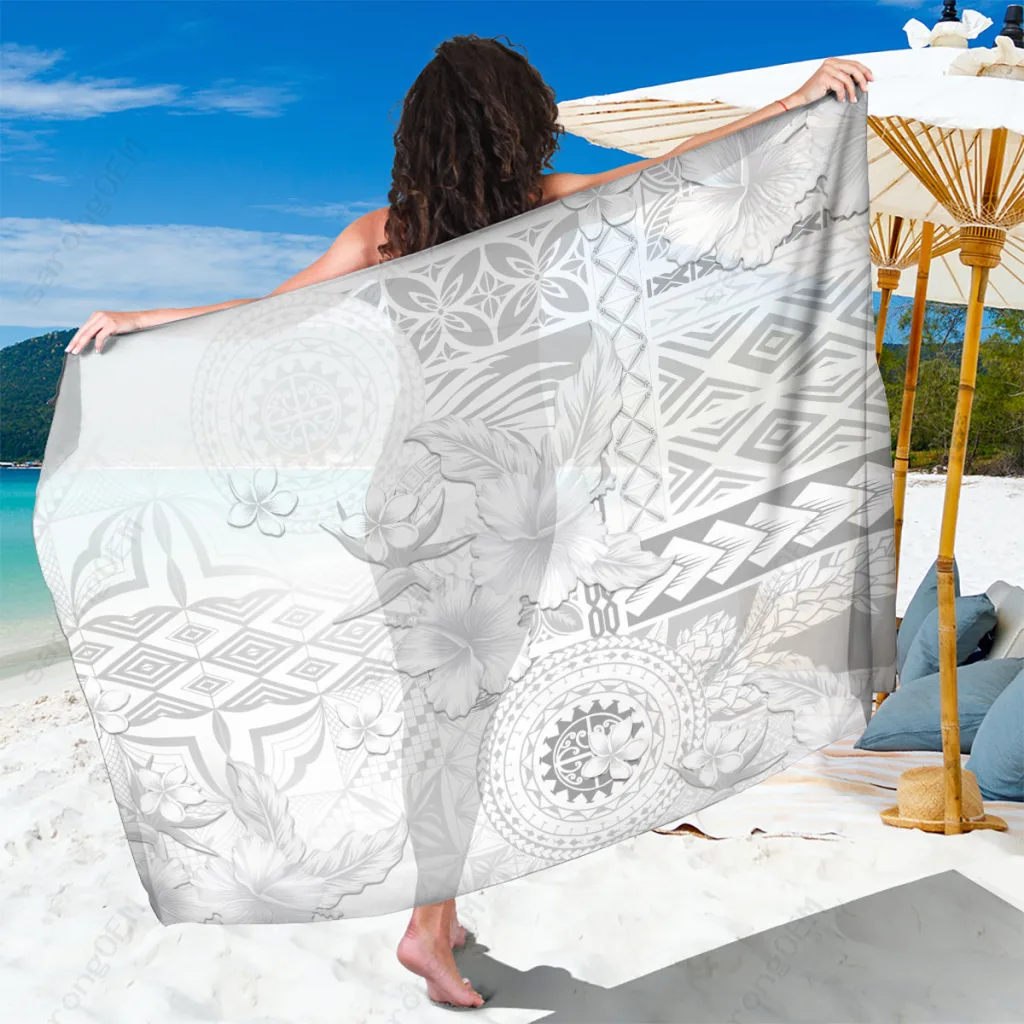 White Hibiscus Samoa Siapo Print Sarong Beach Wrap Polynesian Island Cover Up Wholesale Pareo