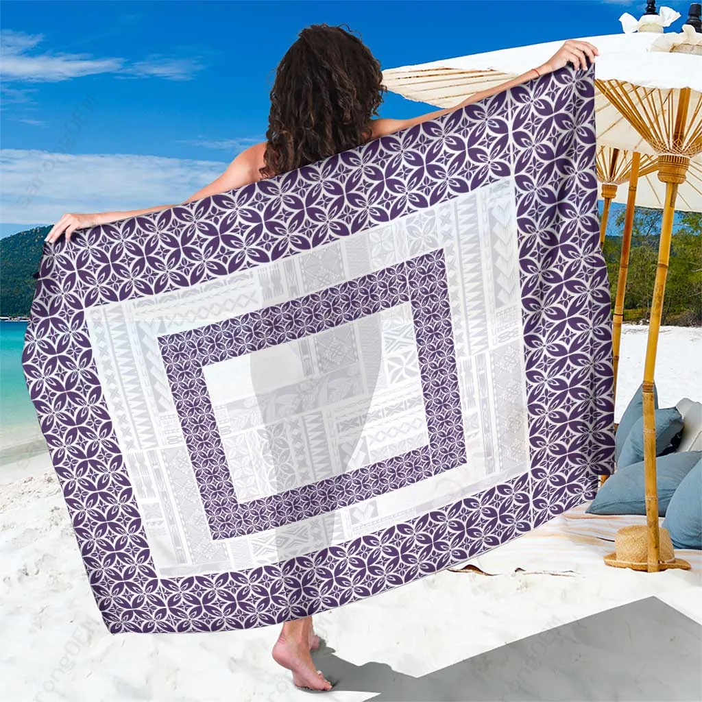 White Samoa Siapo Sun Pattern Purple Trim Printed Sarong South Pacific Resort Beach Wrap Wholesale Pareo - main view