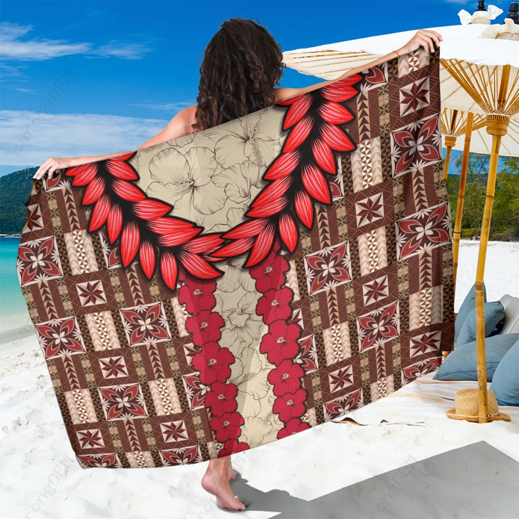 Samoan Hibiscus Tapa Wave Print Sarong Beach Wrap Polynesian Tropical Resort Cover Up Wholesale Pareo - main view