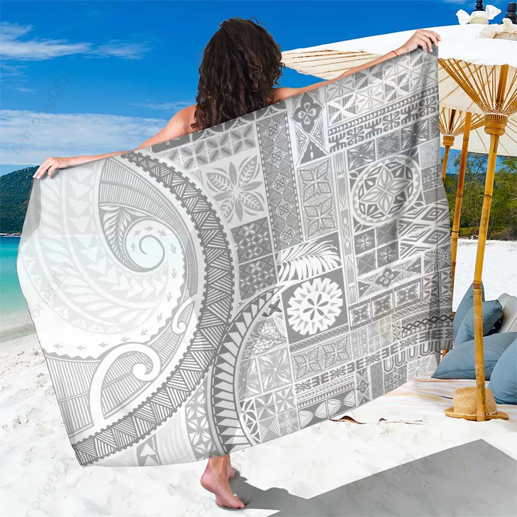 White Samoa Siapo Sun Pattern Polynesian Print Sarong Beach Wrap Cover Up for Resort Hotel OEM Wholesale Pareo - main view