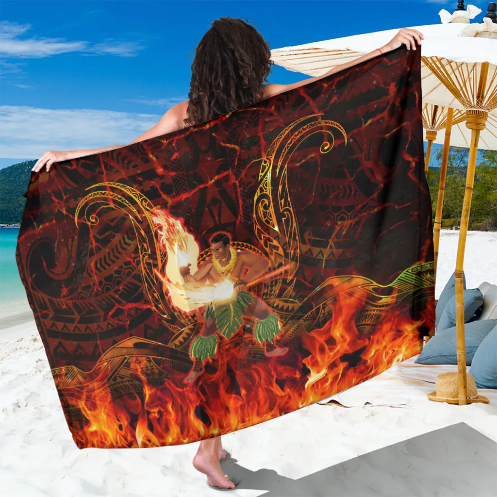 Black Samoa Siva Afi Fire Knife Dance Tribal Print Sarong Beach Wrap Polynesian Island Resort Cover Up Wholesale Pareo - main view