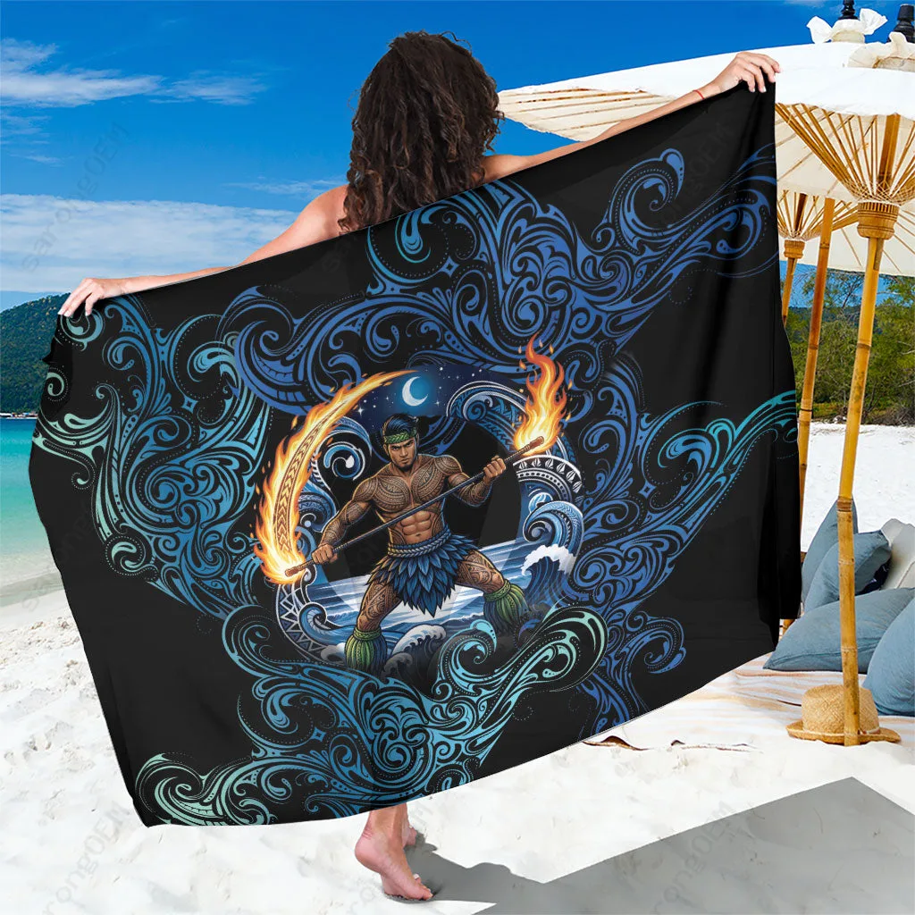 Black Samoa Siva Afi Fire Knife Tribal Motif Print Sarong Polynesian South Pacific Beach Wrap Wholesale Pareo - main view