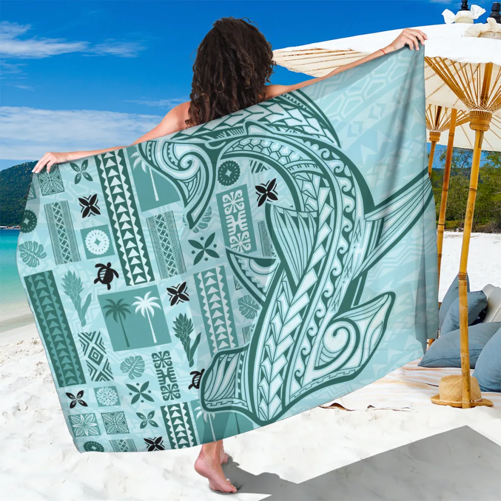 Teal Samoa Tapa Siapo Mix Tatau Tribal Pattern Print Sarong Polynesian Beach Wrap Pareo Wholesale - main view