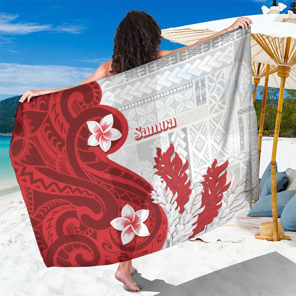 Red Samoa Siapo Pattern Hibiscus Floral Print Sarong Beach Wrap Polynesian Resort Cover Up for Wholesale Custom OEM - main view