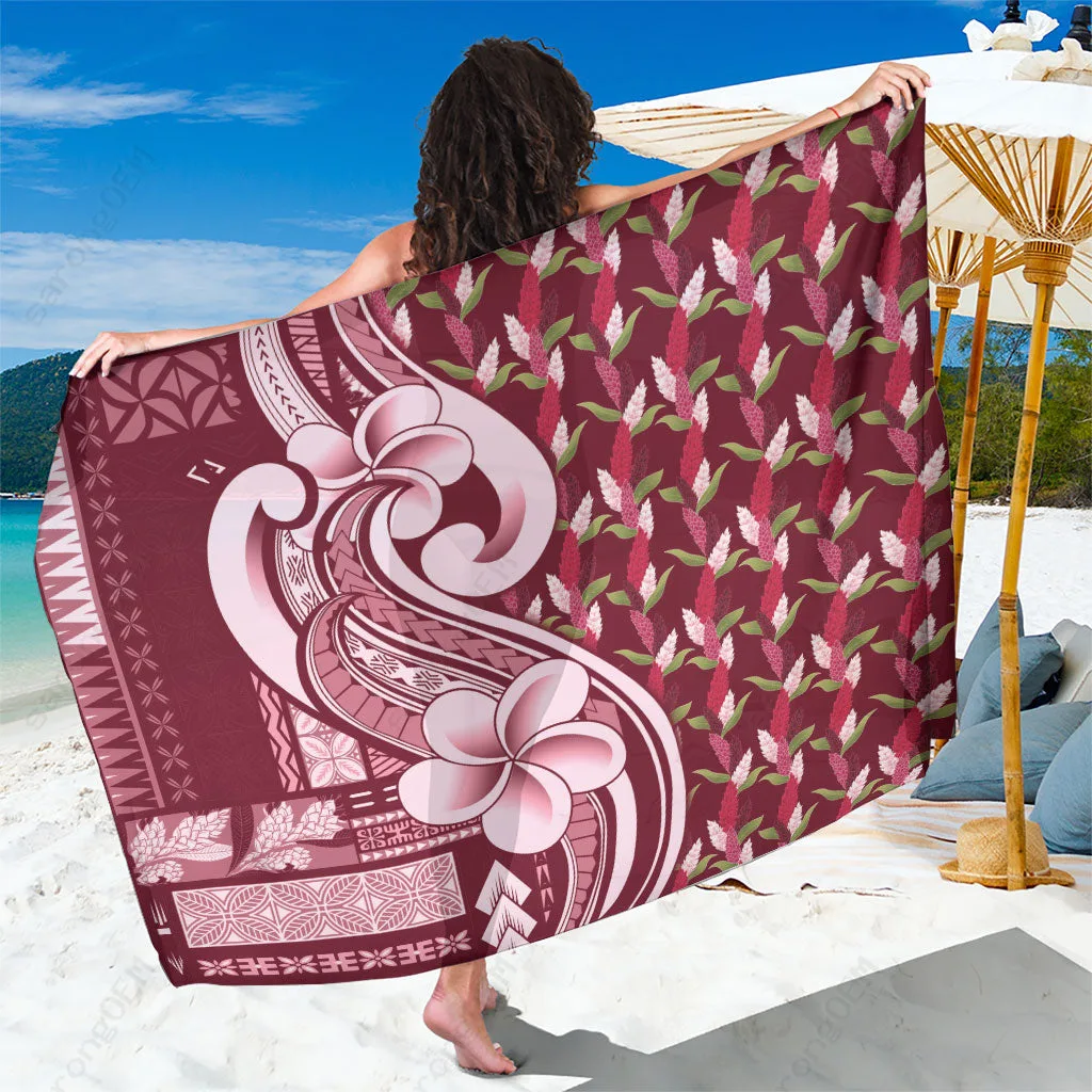 Maroon Samoa Siapo Motifs Hibiscus Print Sarong Beach Wrap Polynesian Island Resort Pareo Wholesale - main view