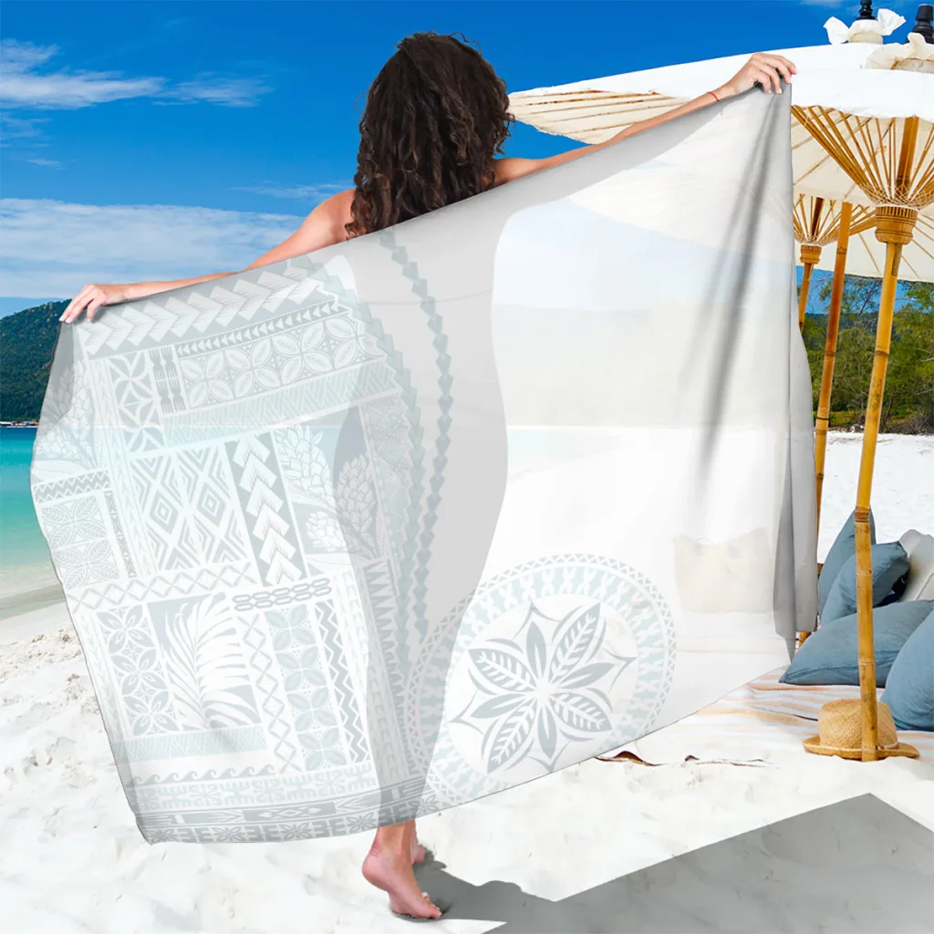 White Samoa Sunday Sarong Classic Siapo Style with Sun Motif Tropical Beach Wrap Pareo for Resort Wholesale Custom - main view