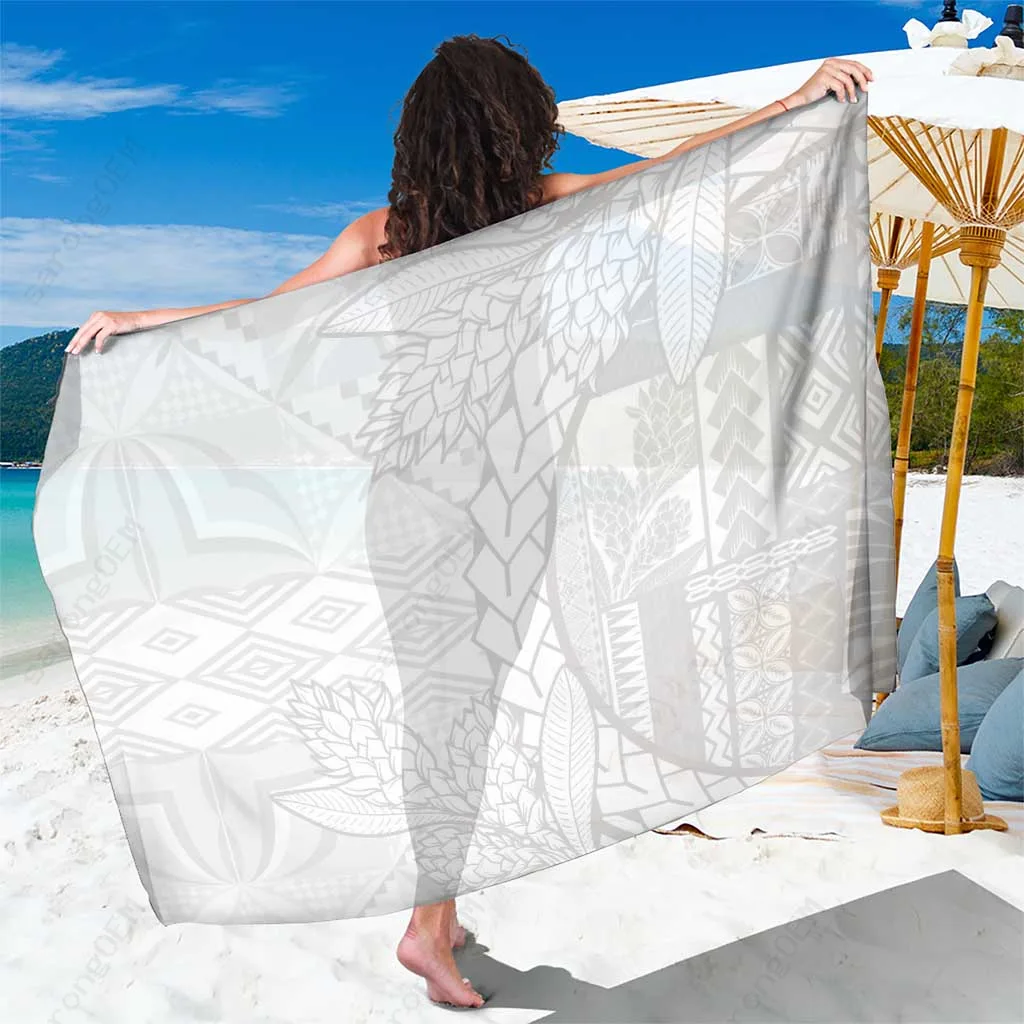 White Samoa Sunday Sarong with Sun, Siapo & Teuila Print – Tropical Beach Wrap for Resort Wear Wholesale Pareo - main view