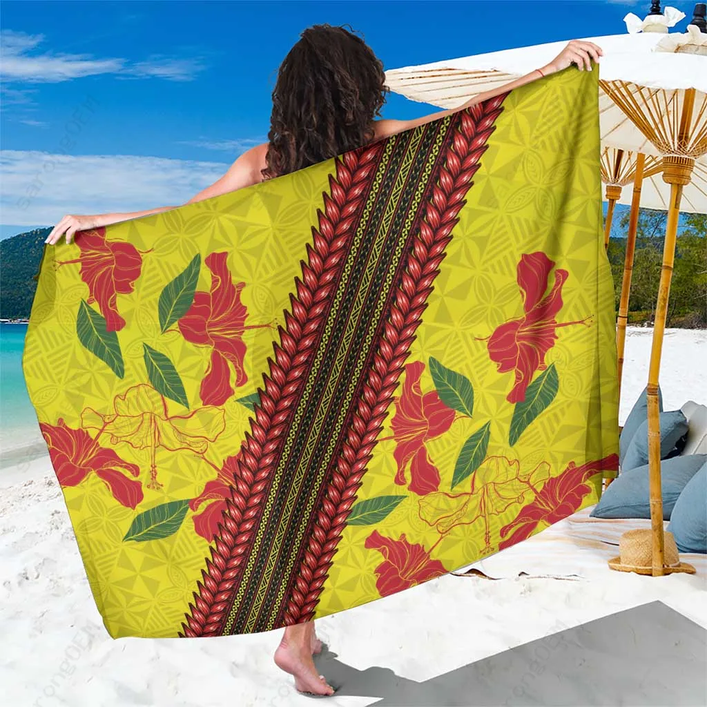 Yellow Hibiscus Samoan Tapa Print Sarong Beach Wrap Polynesian Resort Cover Up Wholesale Pareo - main view