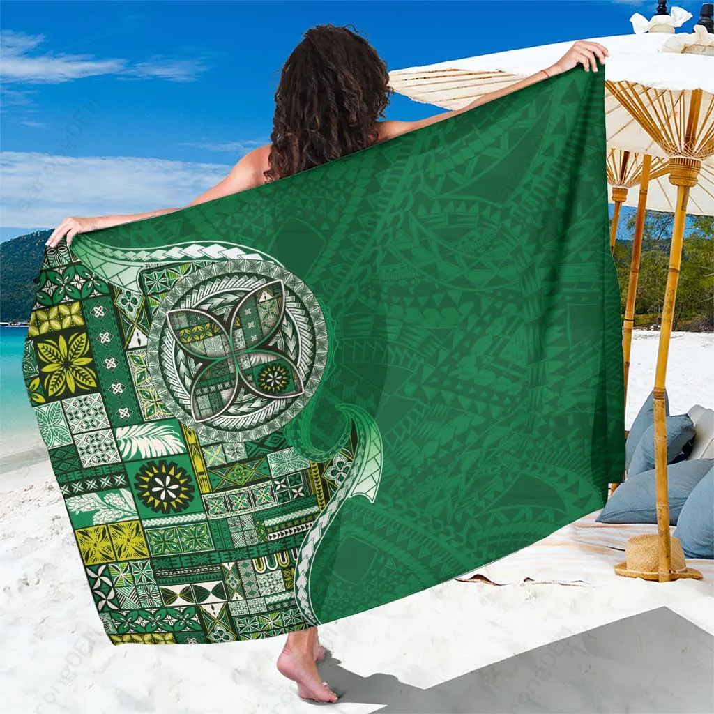 Green Samoan Siapo Art Tattoo Polynesian Pattern Sarong Beach Wrap Pareo for Resort Hotel Wholesale - main view