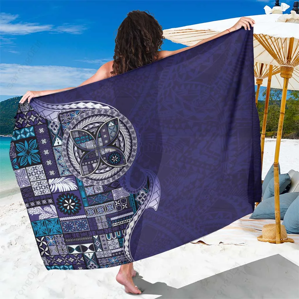 Navy Polynesian Samoan Siapo Art Tattoo Turtle Hibiscus Print Sarong Beach Wrap Pareo Wholesale - main view