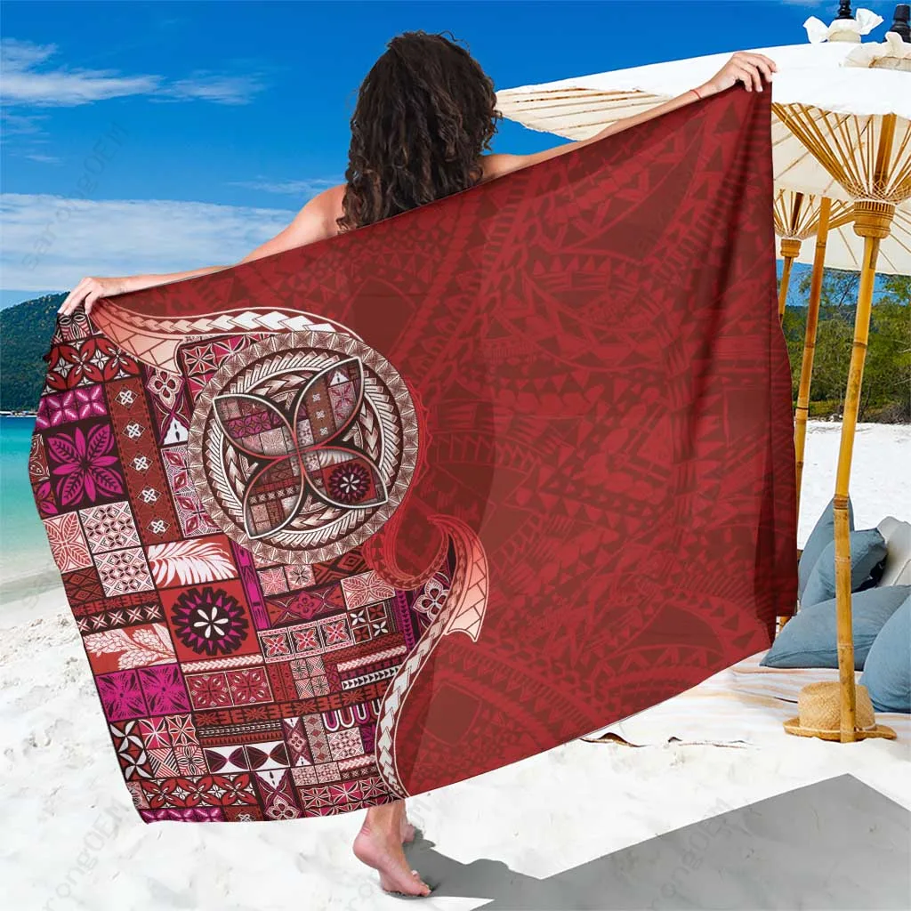 Red Samoan Siapo Art Tattoo Polynesian Pattern Printed Sarong Beach Wrap for Resort Hotel Wholesale Pareo - main view