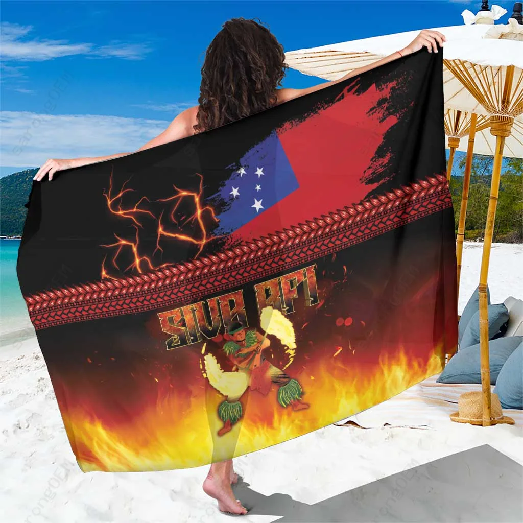 Black Samoan Tribal Fire Knife Dance Print Sarong Polynesian Beach Wrap Cover Up Wholesale Pareo