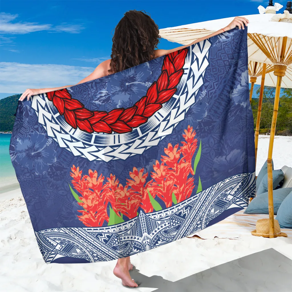 Cream Samoan Tapa Ula Fala & Teuila Flower Print Sarong Polynesian Beach Wrap Pareo Wholesale - main view