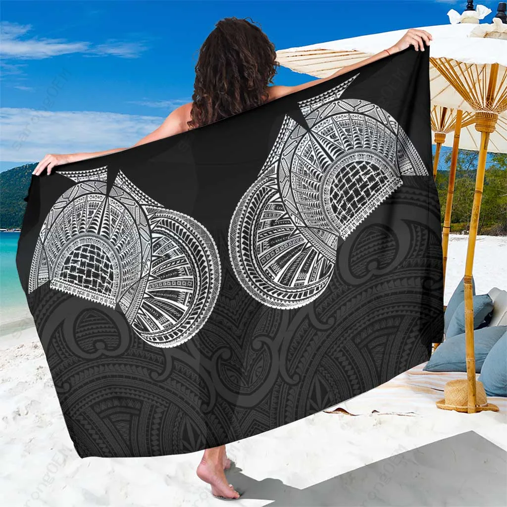 Black Samoan Traditional Art Tattoos Tribal Print Sarong Polynesian Beach Cover Up Pareo Wholesale - main view