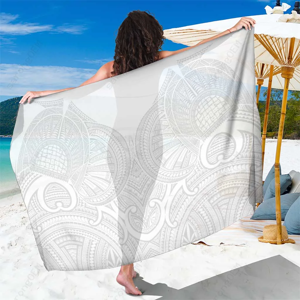 White Samoan Traditional Art Tattoo Tribal Print Sarong Polynesian Beach Wrap Cover Up for Resort Wholesale Pareo - main view