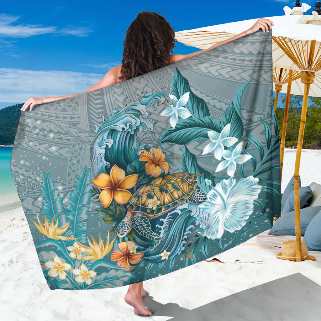 Blue Sea Turtle Polynesian Pattern Print Sarong Tropical Ocean Style Beach Wrap Wholesale Pareo - main view