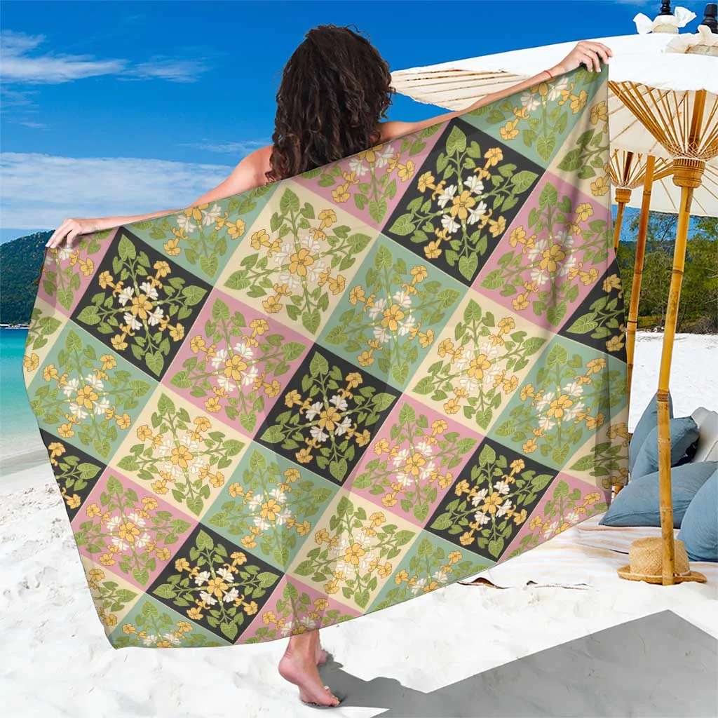White Seamless Pattern Puakenikeni & Kalo Floral Sarong Polynesian Tropical Beach Cover Up Wholesale Pareo - main view