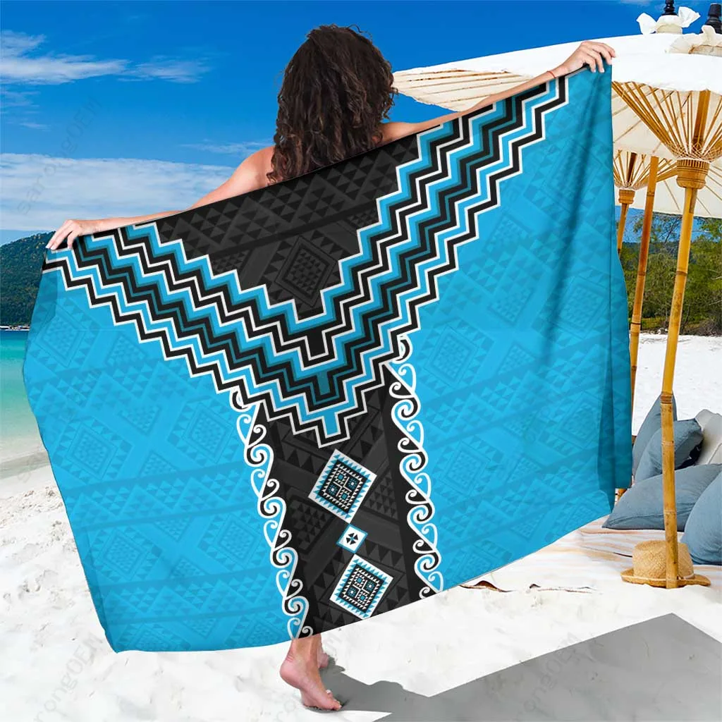 Sky Blue Niho Taniwha Mix Poutama Print Sarong Maori Cultural Beach Wrap Wholesale Pareo - main view